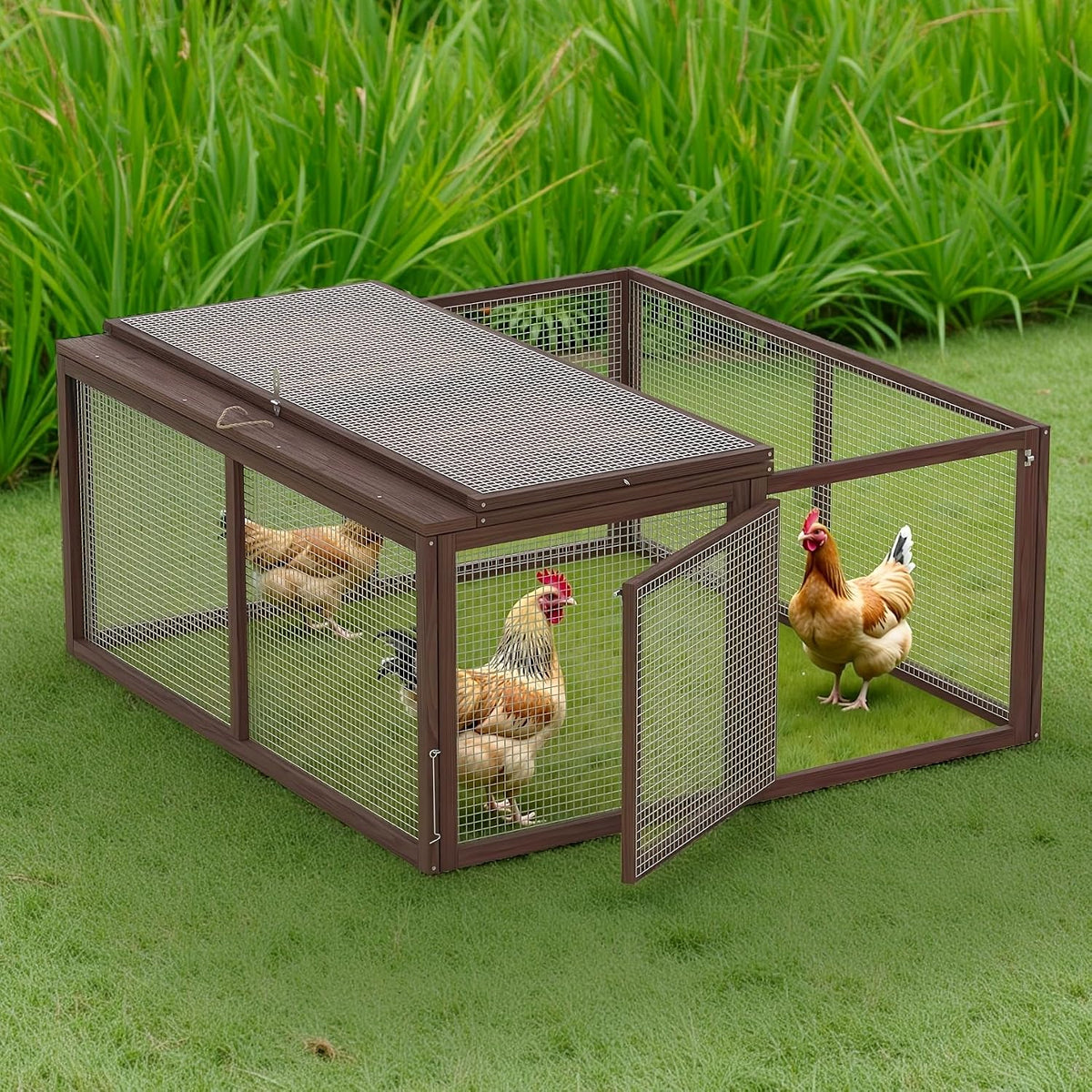Portable Chicken Run Rabbit Hutch Folding Chicken Cage for Indoor/Outdoor,Top & Side Opening Doors Small Animal Pet Playpen No Assembly Required Poultry Pen 45"x 42"x 20" (Brown)