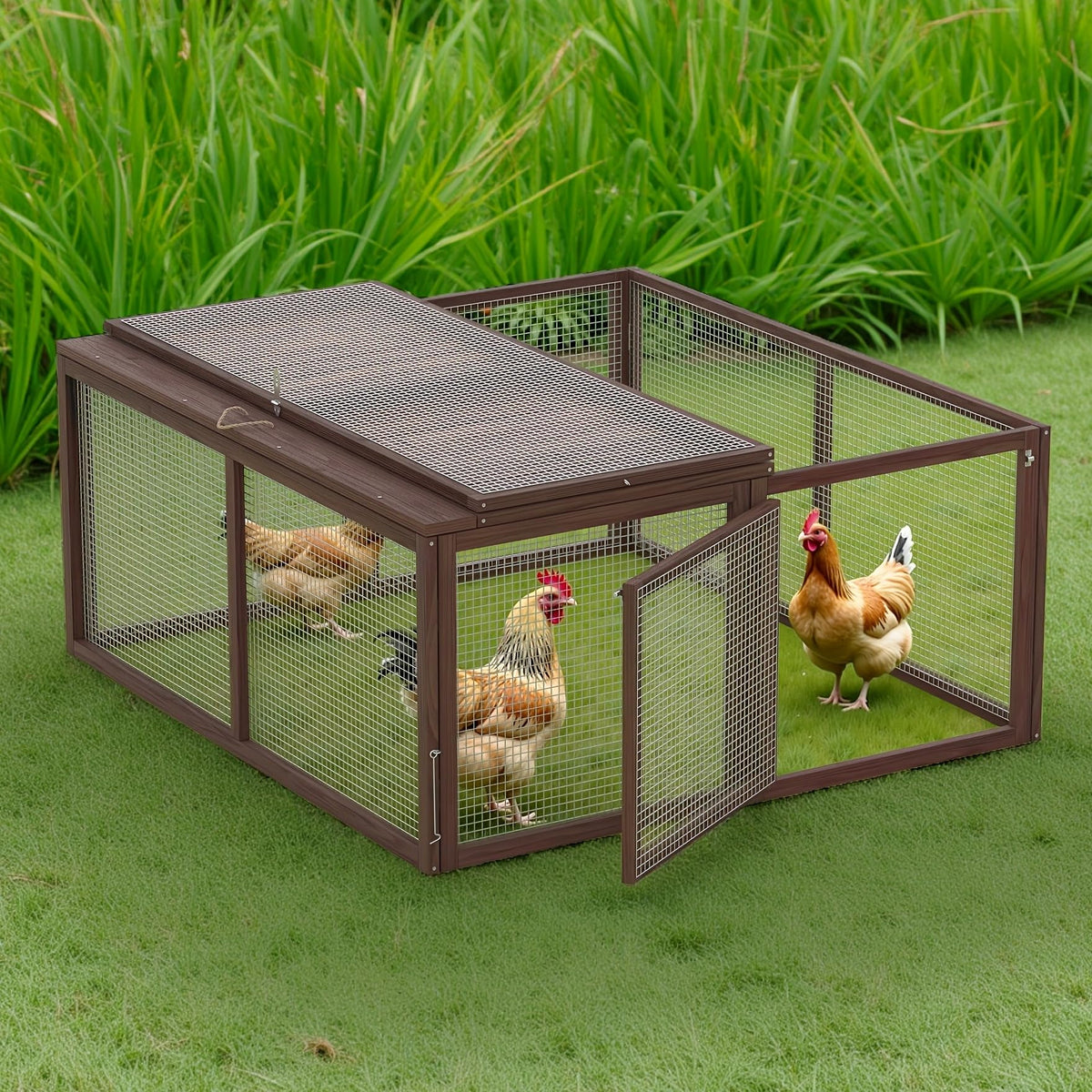 Portable Chicken Run Rabbit Hutch Folding Chicken Cage for Indoor/Outdoor,Top & Side Opening Doors Small Animal Pet Playpen No Assembly Required Poultry Pen 45"x 42"x 20" (Brown)