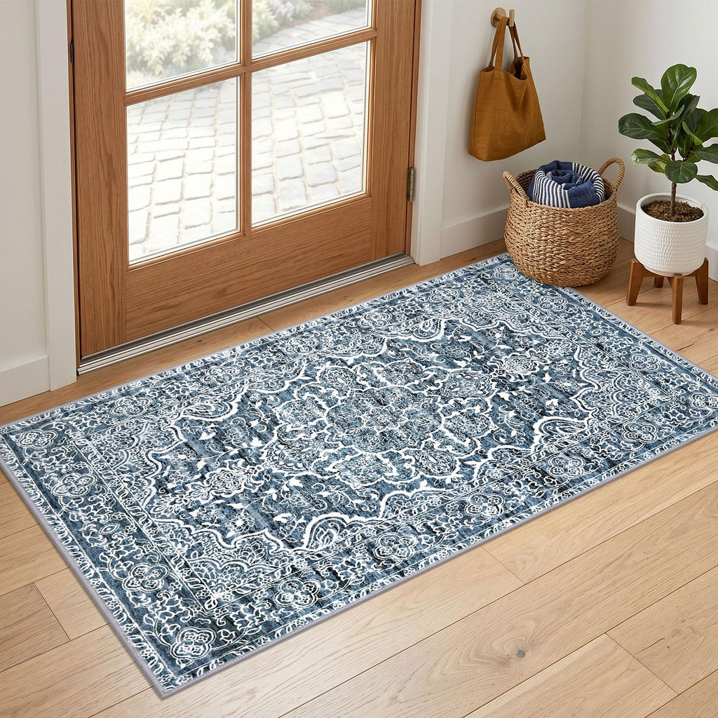 KUTA Vintage Extra Long Runners for Hallways 2.6x18ft Washable Blue White