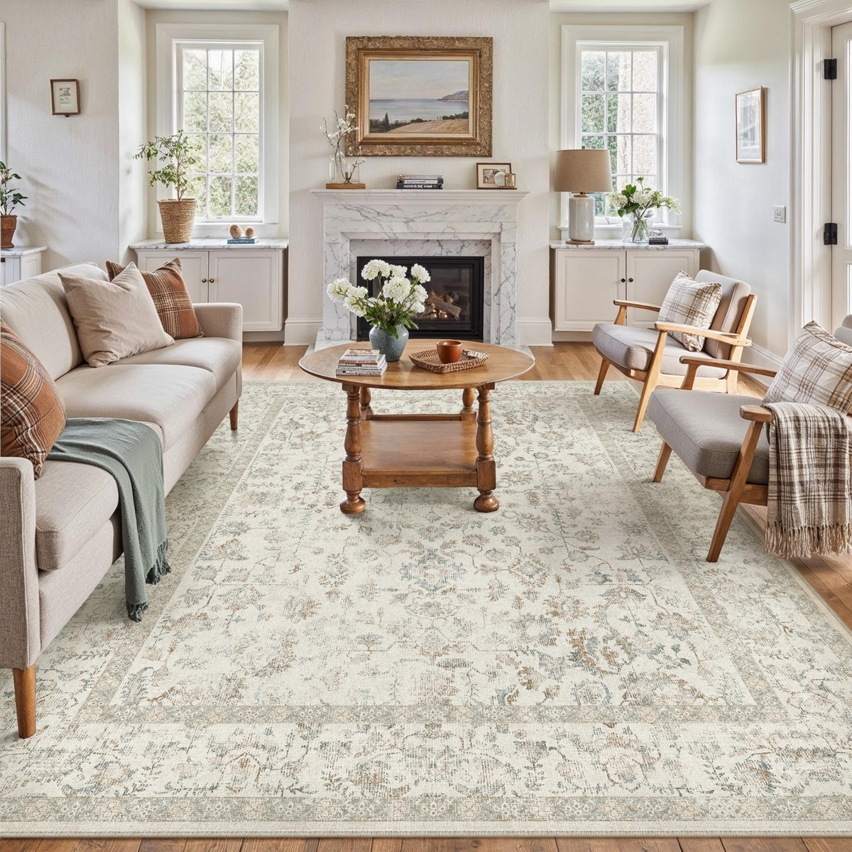 PureCozy Blue 6x6 Round Area Rug Vintage Washable Carpet Non Slip