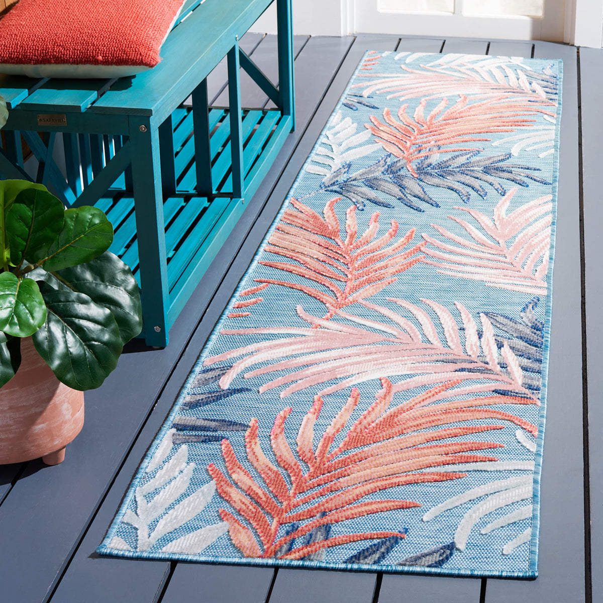 SAFAVIEH Washable Rug Outdoor Cabana Collection - 6'5" Round, Blue & Rust, Non-Shedding & Easy to Clean, Ideal for Patio, Backyard, Mudroom (CBN458M)