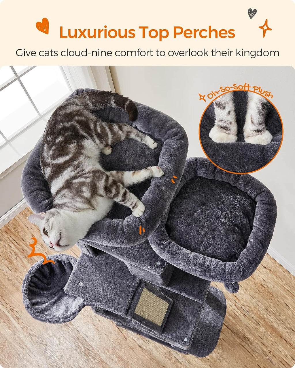 Feandrea Cat Tree, 81.1-Inch Large Cat Tower, Multi-Level Condo, Smoky Gray