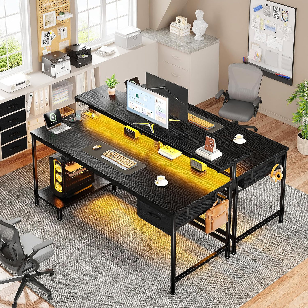 DurayLoly 47.2" Gaming Desk with Power Outlet and LED Lights,Bedroom,Black