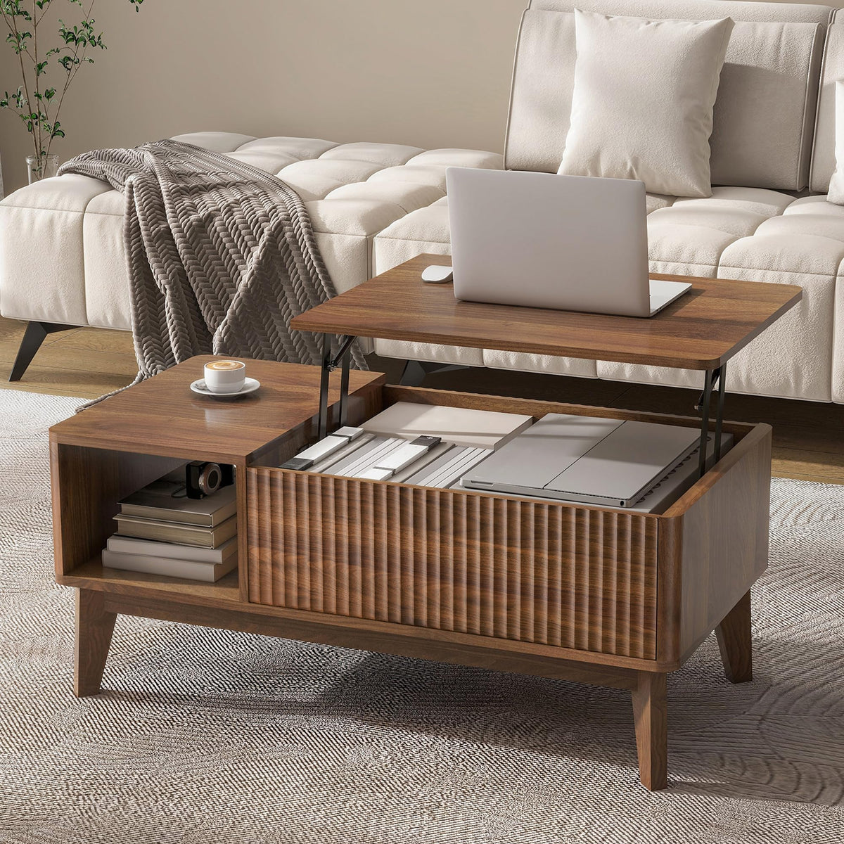 LYNCOHOME Fluted Lift Top Coffee Table with Storage, Modern Coffee Table for Living Room, Home Office(Natural)