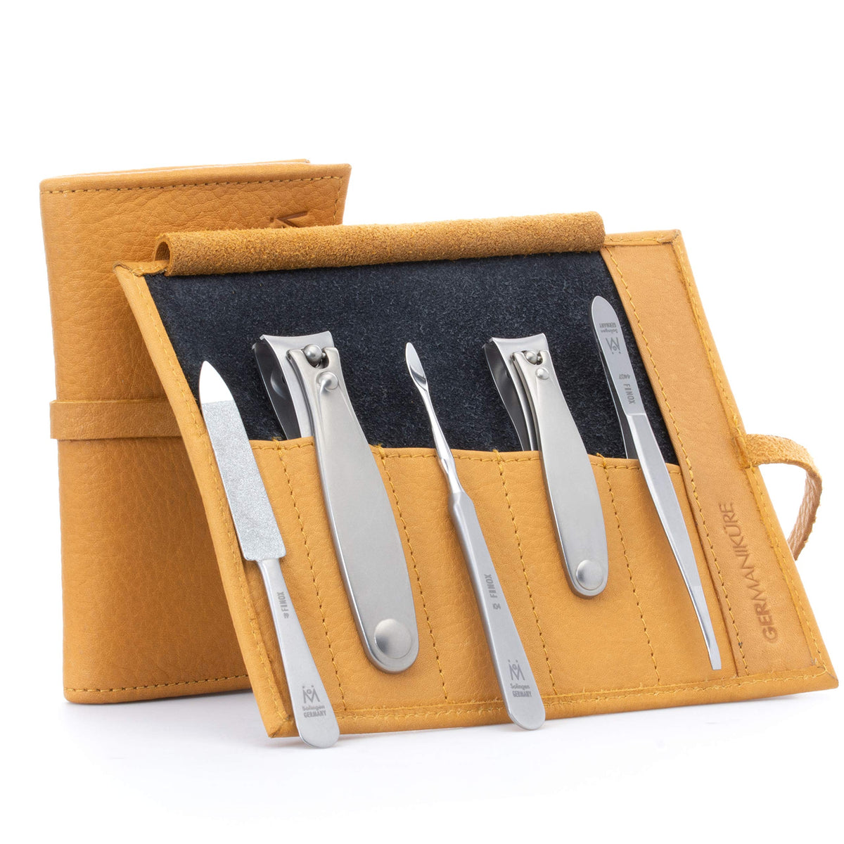 GERMANIKURE 7pc Manicure & Pedicure Set, FINOX Steel, Purple Leather Roll
