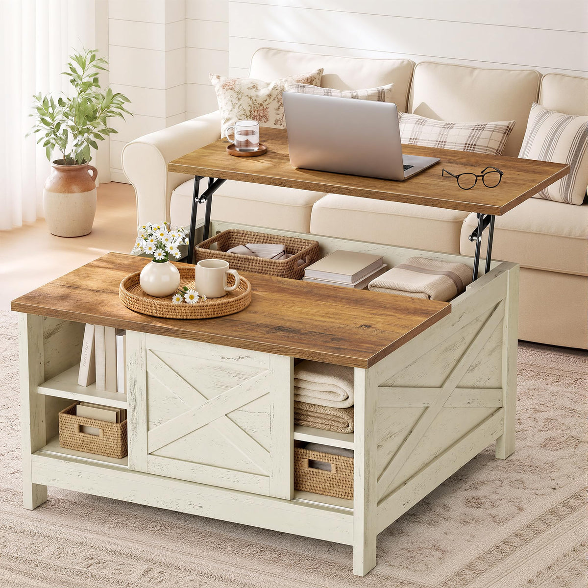 VASAGLE Farmhouse Coffee Table with Storage, Lift Top, Hidden Compartment