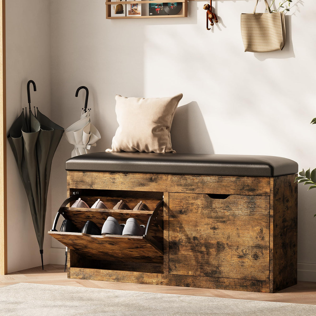 40" Shoe Storage Bench with 2 Flip Drawers & Padded Seat Cushion, Shoe Cabinet with Lift Top Storage Box, Shoe Bench Shoe Organizer for Entryway, Hallway, Living Room, Vintage Brown