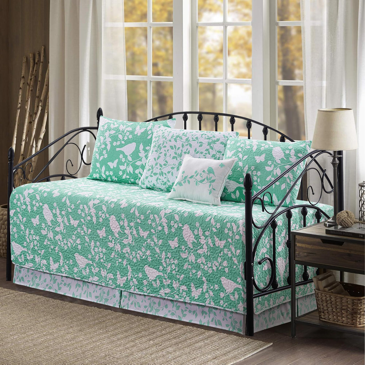 5-Piece Quilted Microfiber Daybed Cover Set with Floral Embroidery, All Season Luxurious Bedding with Matching Shams and Bed Skirt, 75"x39", Pink Flower