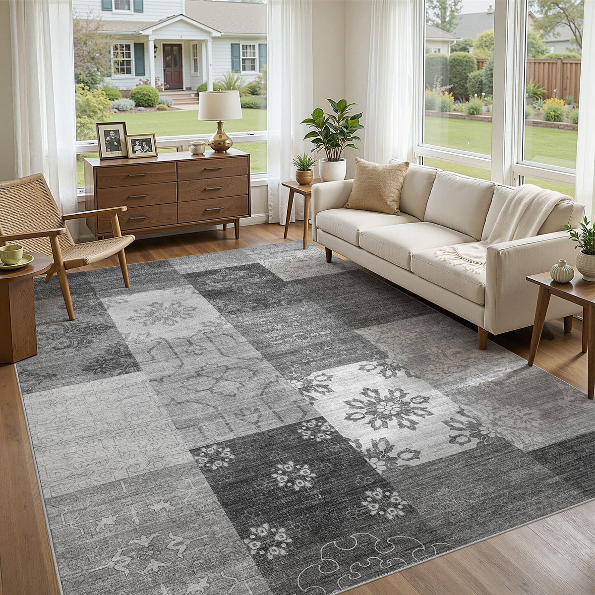 UERMEI 9x12 Area Rug Living Room Rugs - Washable Neutral Modern Abstract Soft Thin Large Rug Indoor Floor No Slip Rug Carpet for Bedroom Under Dining Table Home Office Decor - Brown Grey