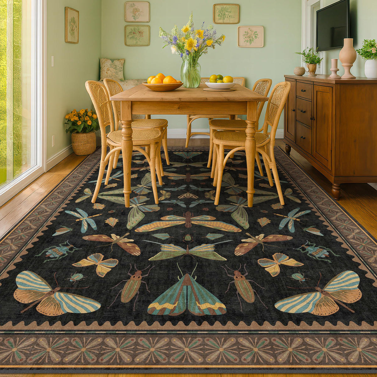 Hazo Haus Dark Green Insect Area Rugs 8x10 for Living Room, Dining Room Under Table, Bedroom, Unique Washable Floral Non Slip Low Pile Soft Rug
