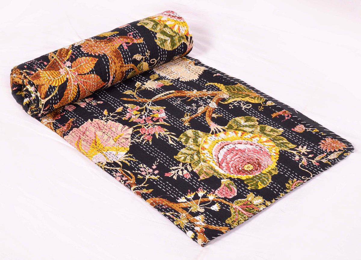 Indian Floral Print TwinQueen/King Size Kantha Quilt Kantha Blanket Bed Cover Kantha Bedspread Bohemian Bedding Kantha Blanket (Pink, Queen (U.S. Standard))