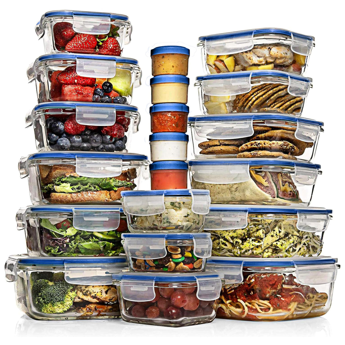 Razab 35 Pc Set Glass Food Storage Containers with Lids - Meal Prep Airtight Bento Boxes BPA-Free 100% Leak Proof (15 lids,15 glass & 5 Plastic Sauce/Dip Containers)