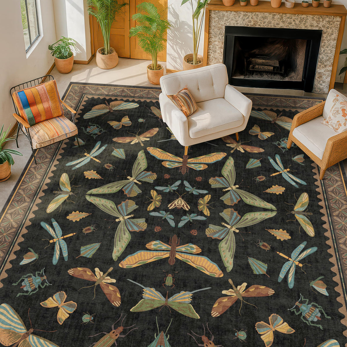 Hazo Haus Dark Green Insect Area Rugs 8x10 for Living Room, Dining Room Under Table, Bedroom, Unique Washable Floral Non Slip Low Pile Soft Rug