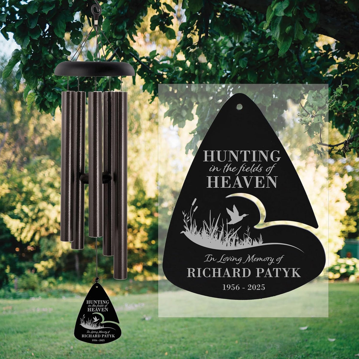 Personalized Memorial Wind Chime, Hunting in Heaven Deer or Duck Wind Chime, Hunter Sympathy Gift, Customizable Hunting Memorial Gift (Bronze 44")