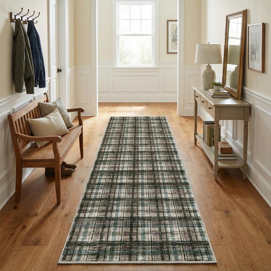 Modern Washable 8x10 Area Rug - Soft, Non-Slip, Stain Resistant, Farmhouse Tartan Plaid for Living Room, Bedroom, Nursery, Office - Beige