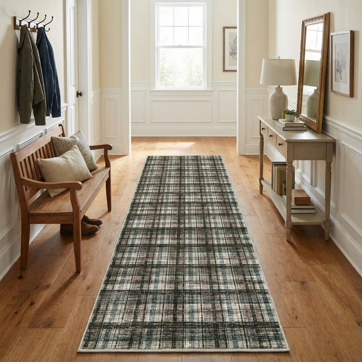 Modern Washable 8x10 Area Rug - Soft, Non-Slip, Stain Resistant, Farmhouse Tartan Plaid for Living Room, Bedroom, Nursery, Office - Beige