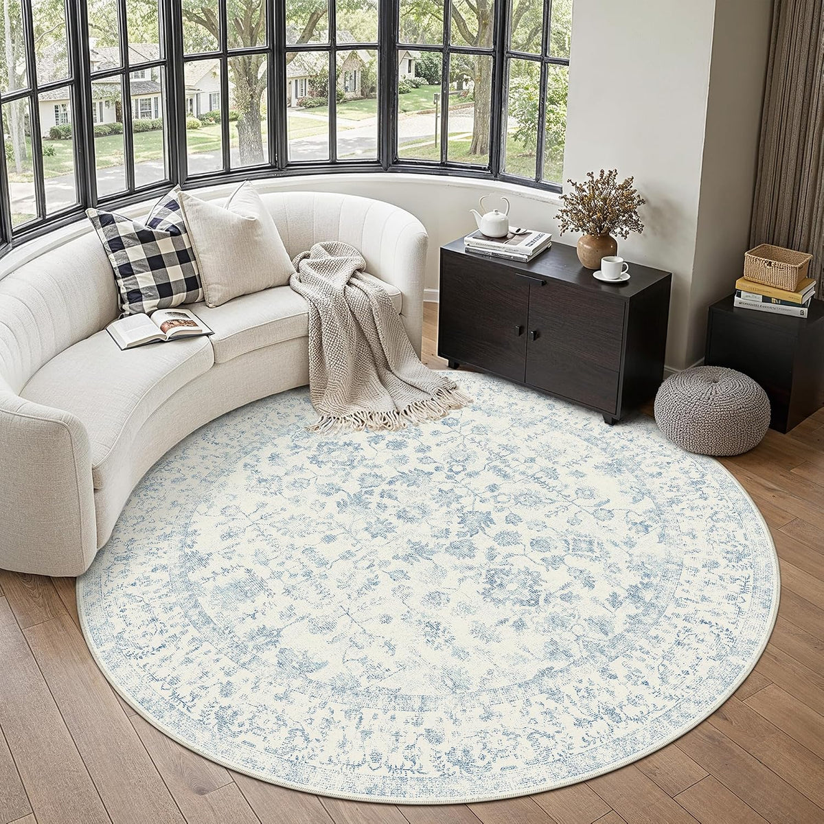 PureCozy Blue 6x6 Round Area Rug Vintage Washable Carpet Non Slip