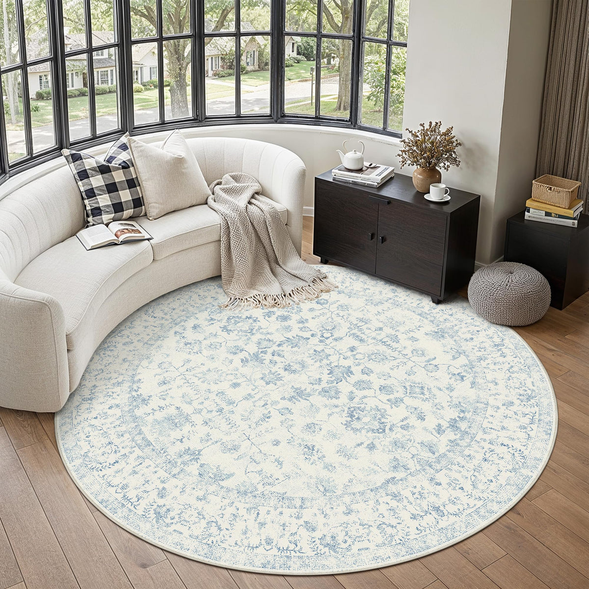 PureCozy Blue 6x6 Round Area Rug Vintage Washable Carpet Non Slip