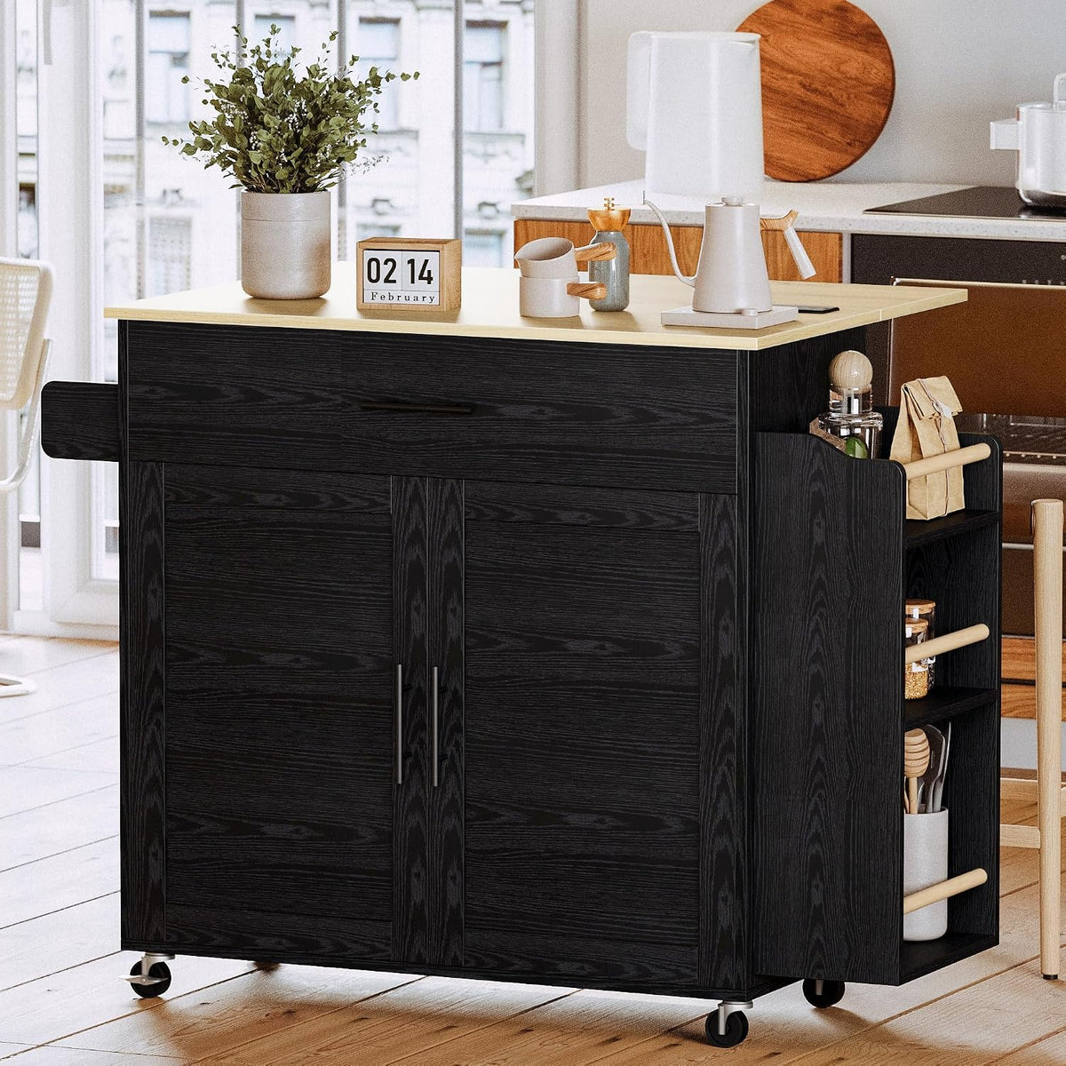 IRONCK Kitchen Island with Storage, Charging Station and Drop Leaf, Black
