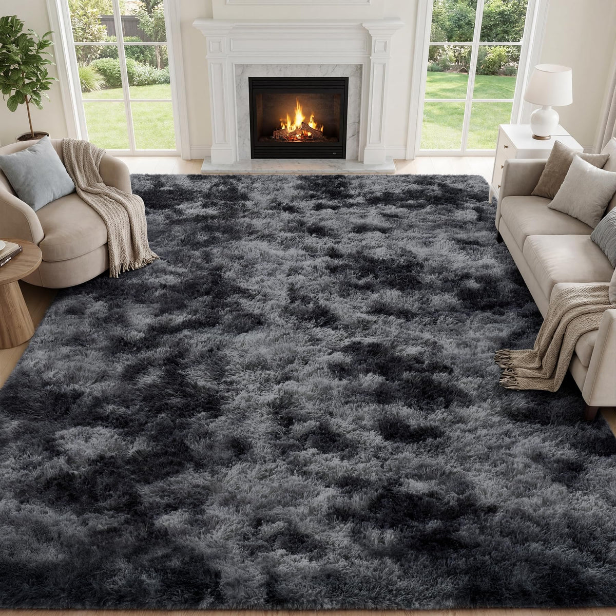 PLHXFR 9x12 Area Rugs Living Room: Fluffy Bedroom Soft Shag Rug Black Grey