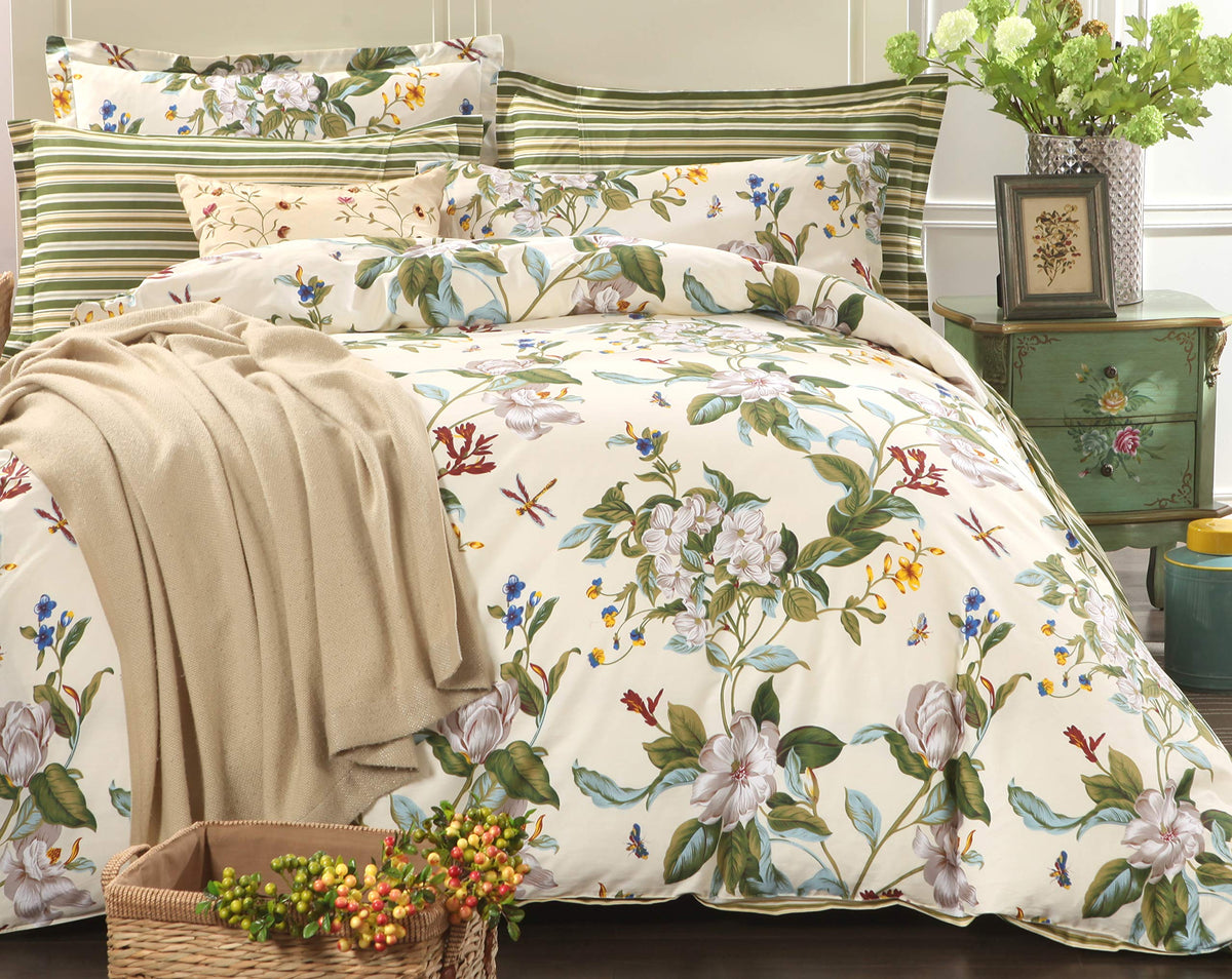FADFAY Floral Duvet Cover Set 100% Cotton Green Striped and Beige Bedding White Flower Branches Print 600 TC Soft Reversible Zipper Bed Cover & 2 Pillowcases,King/Cal King(106x92)
