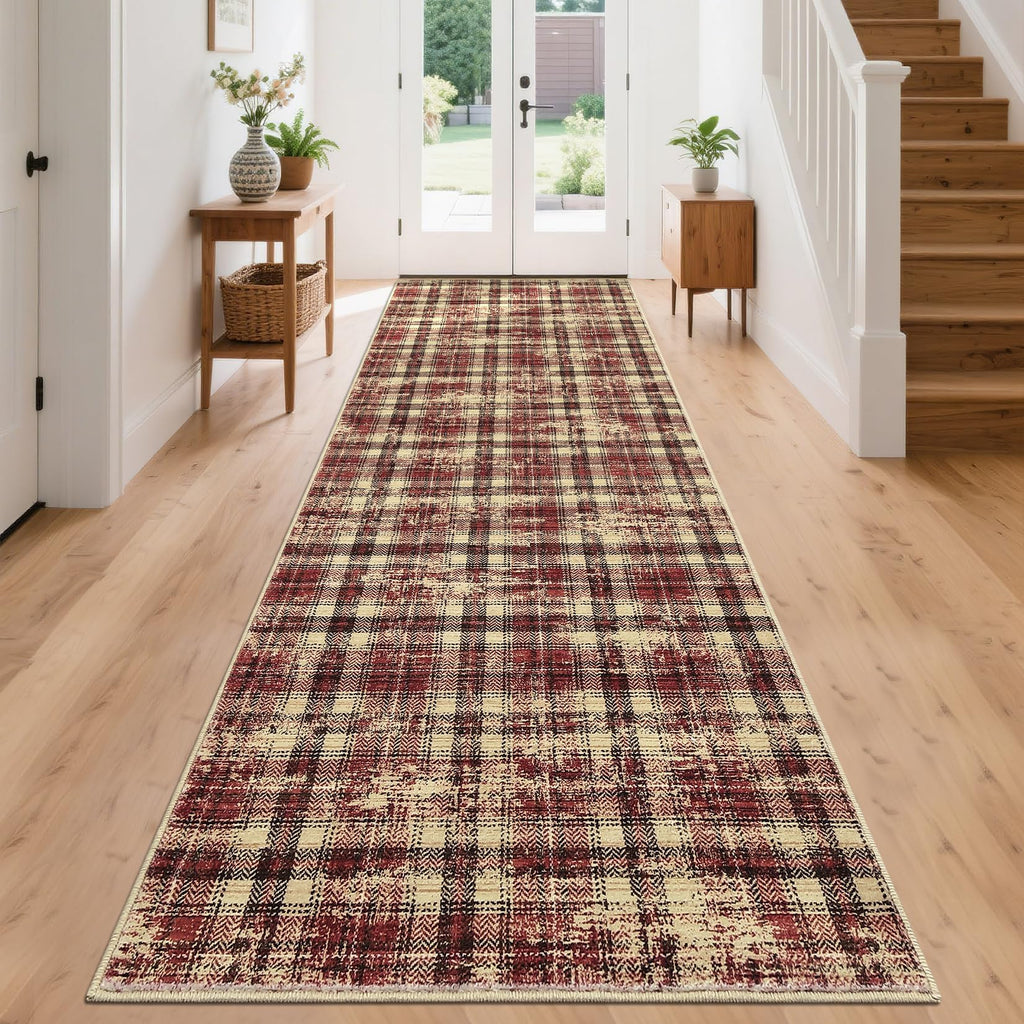 Modern Washable 8x10 Area Rug - Soft, Non-Slip, Stain Resistant, Farmhouse Tartan Plaid for Living Room, Bedroom, Nursery, Office - Beige