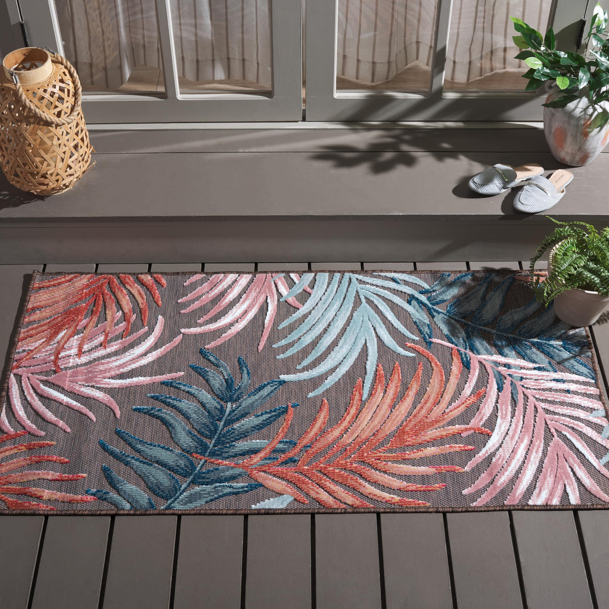 SAFAVIEH Washable Rug Outdoor Cabana Collection - 6'5" Round, Blue & Rust, Non-Shedding & Easy to Clean, Ideal for Patio, Backyard, Mudroom (CBN458M)