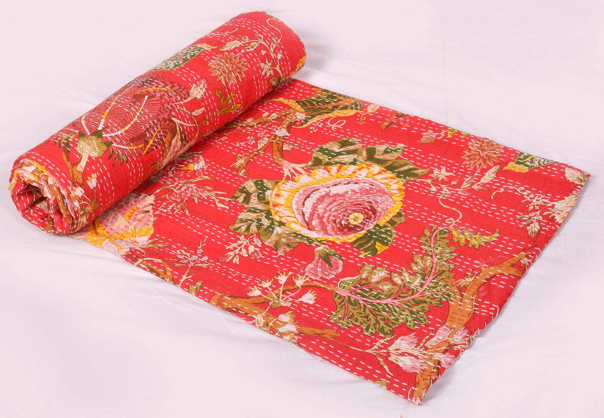 Indian Floral Print TwinQueen/King Size Kantha Quilt Kantha Blanket Bed Cover Kantha Bedspread Bohemian Bedding Kantha Blanket (Black, King (U.S. Standard))