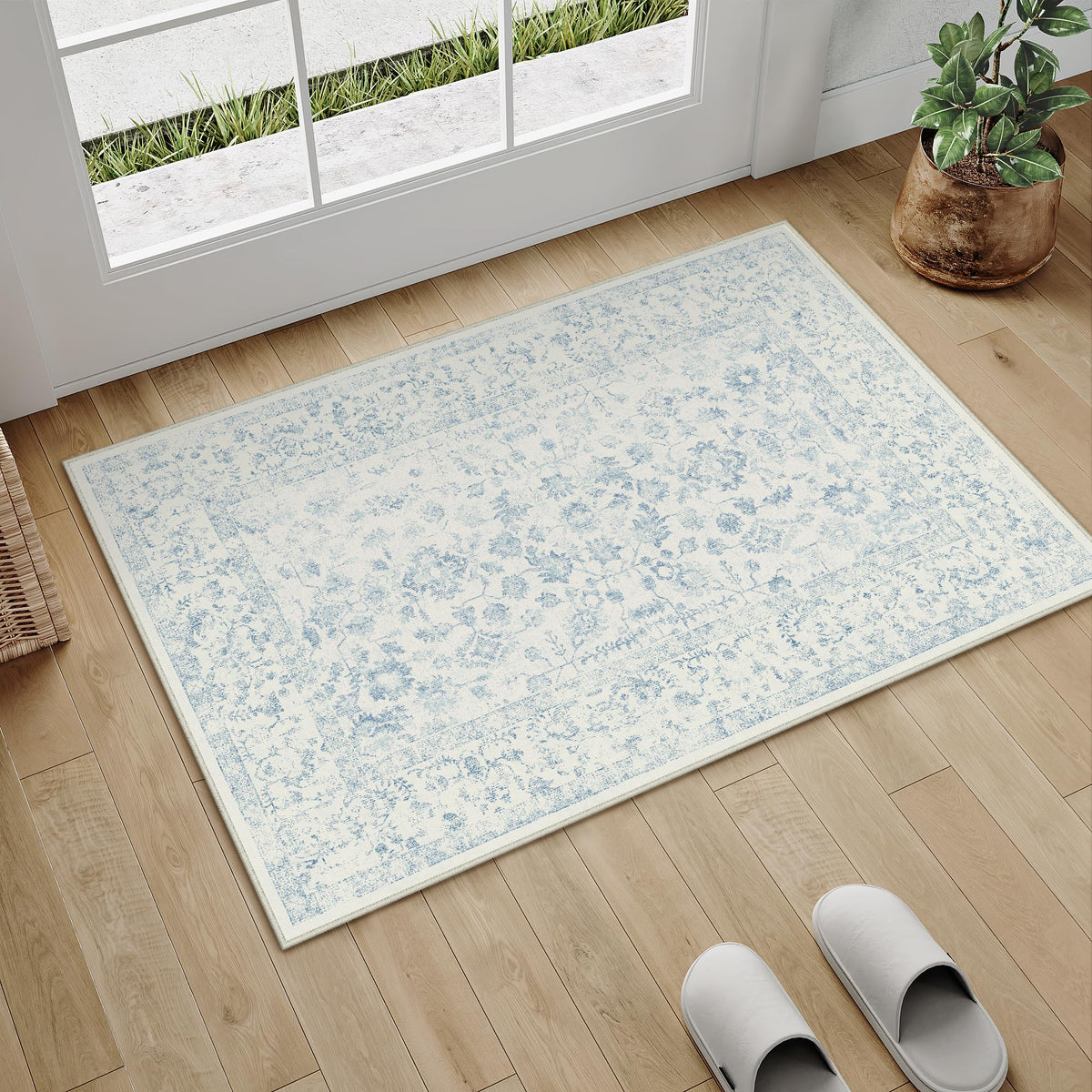 PureCozy Blue 6x6 Round Area Rug Vintage Washable Carpet Non Slip