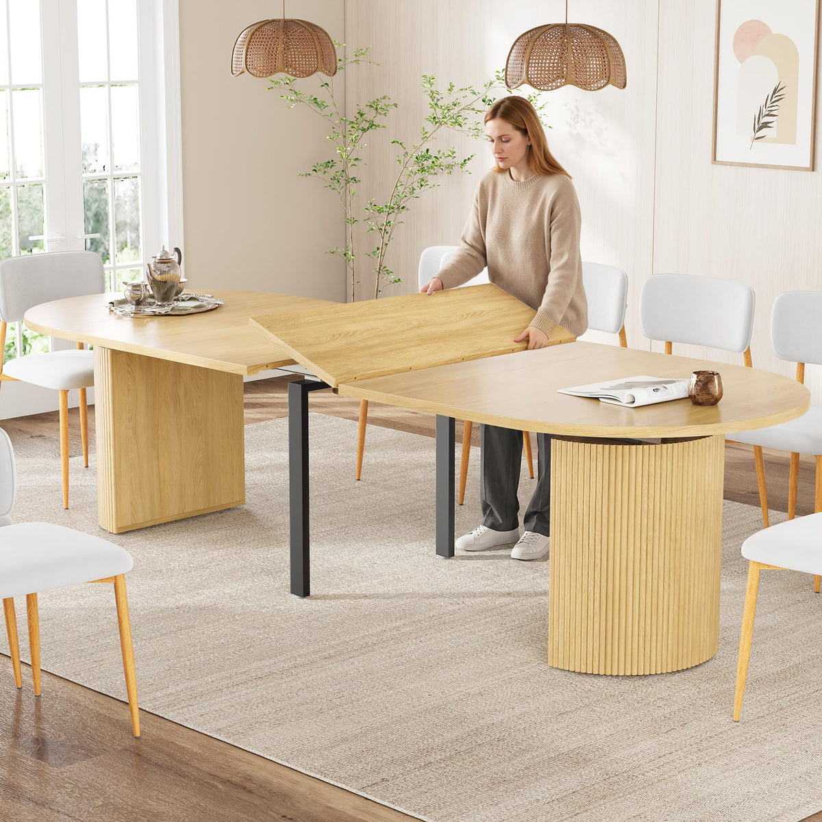 41 in-78 in Extendable Dining Room Table for 4-8, Round Expandable Kitchen Table with Fluted Base, Modern Farmhouse Oval Dinner Tables for Dining Room Kitchen Living Room (Walnut)