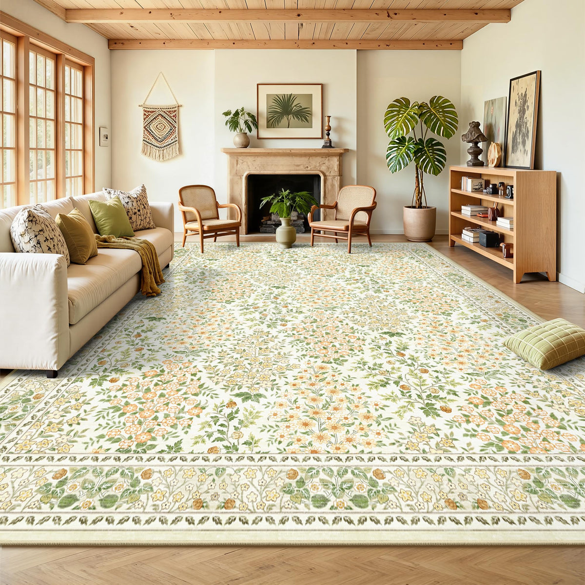 8x10 Area Rugs, Machine Washable Low Pile Floral Rugs for Living Room, Bedroom, Large Boho Area Rug with Non-Slip Backing for Dining Room(Pink Floral)