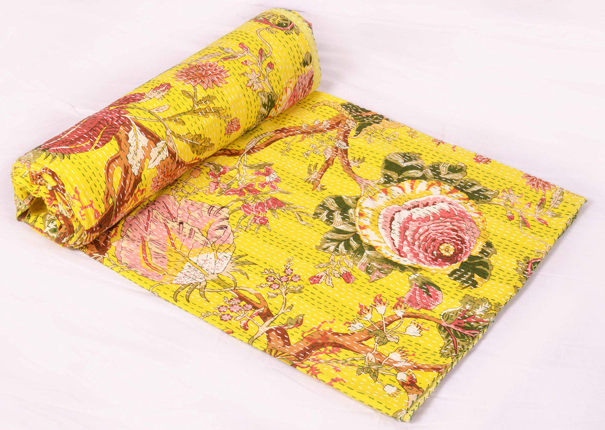 Indian Floral Print TwinQueen/King Size Kantha Quilt Kantha Blanket Bed Cover Kantha Bedspread Bohemian Bedding Kantha Blanket (Black, King (U.S. Standard))