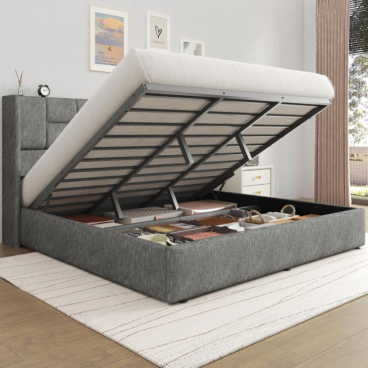 King Bed Frame with Hydraulic Gas Lift Up Storage, Linen Upholstered