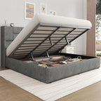 King Bed Frame with Hydraulic Gas Lift Up Storage, Linen Upholstered
