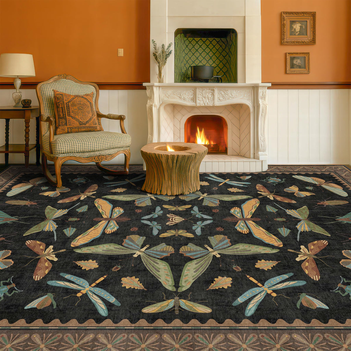 Hazo Haus Dark Green Insect Area Rugs 8x10 for Living Room, Dining Room Under Table, Bedroom, Unique Washable Floral Non Slip Low Pile Soft Rug