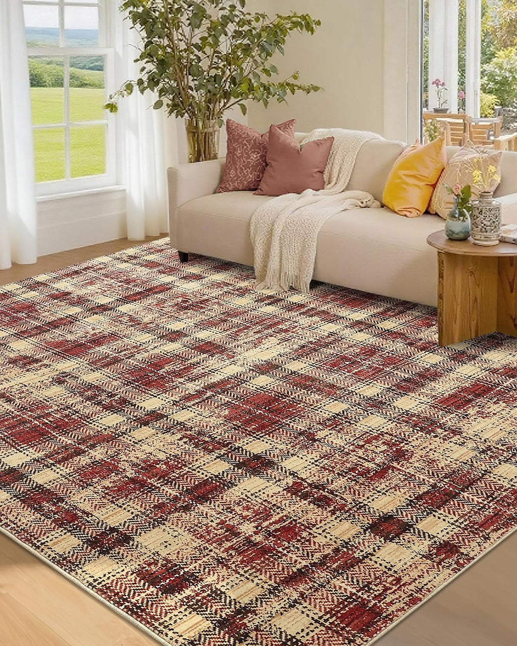 Modern Washable 8x10 Area Rug - Soft, Non-Slip, Stain Resistant, Farmhouse Tartan Plaid for Living Room, Bedroom, Nursery, Office - Beige