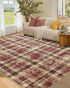 Modern Washable 8x10 Area Rug - Soft, Non-Slip, Stain Resistant, Farmhouse Tartan Plaid for Living Room, Bedroom, Nursery, Office - Beige