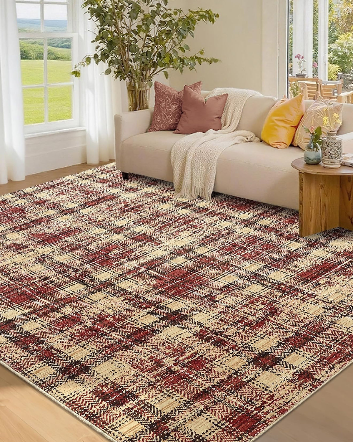 Modern Washable 8x10 Area Rug - Soft, Non-Slip, Stain Resistant, Farmhouse Tartan Plaid for Living Room, Bedroom, Nursery, Office - Beige