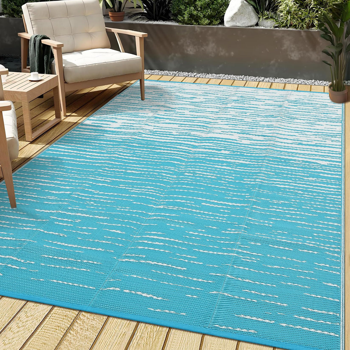 Garvee 5x8 Outdoor Rug Waterproof Modern Plastic Straw Rugs, Black Grey