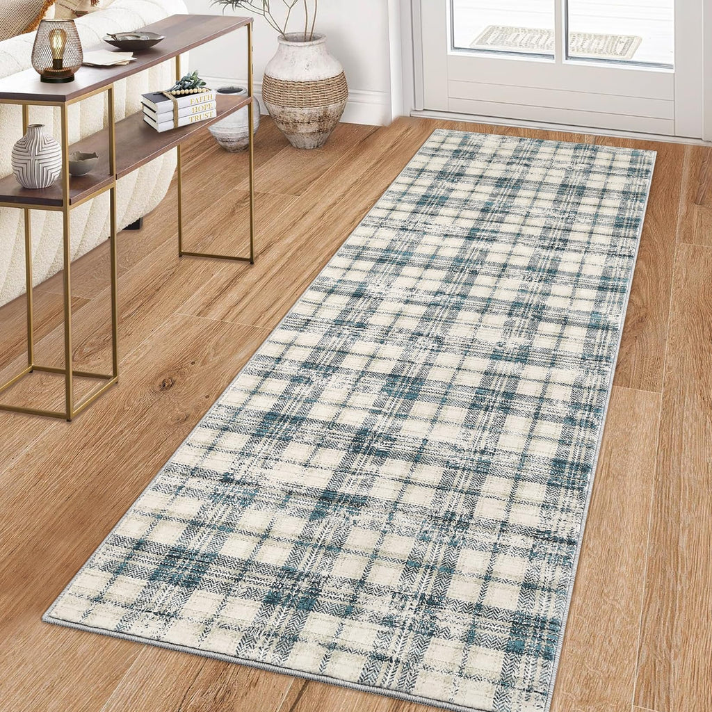Modern Washable 8x10 Area Rug - Soft, Non-Slip, Stain Resistant, Farmhouse Tartan Plaid for Living Room, Bedroom, Nursery, Office - Beige