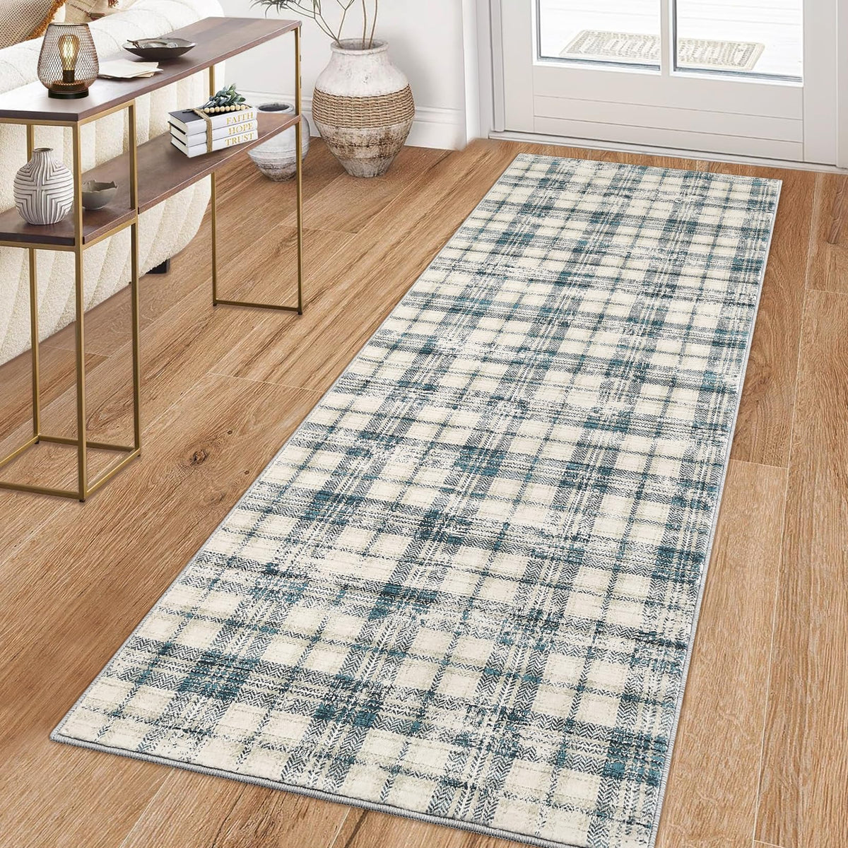 Modern Washable 8x10 Area Rug - Soft, Non-Slip, Stain Resistant, Farmhouse Tartan Plaid for Living Room, Bedroom, Nursery, Office - Beige