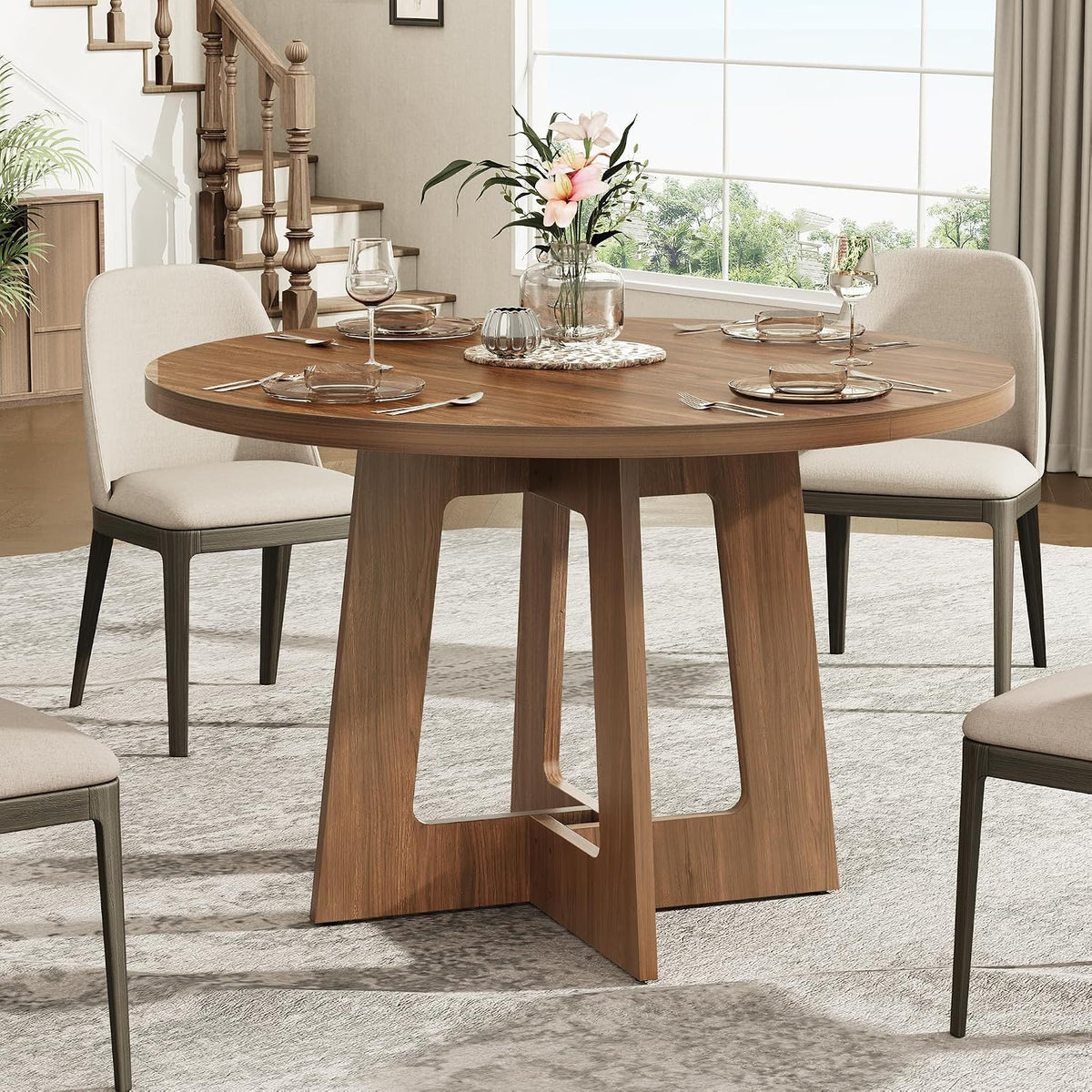 Round Dining Table for 4, Wooden Dining Room Table, Circle Kitchen Table for Home Dining Room Kitchen Living Room (Walnut Brown)