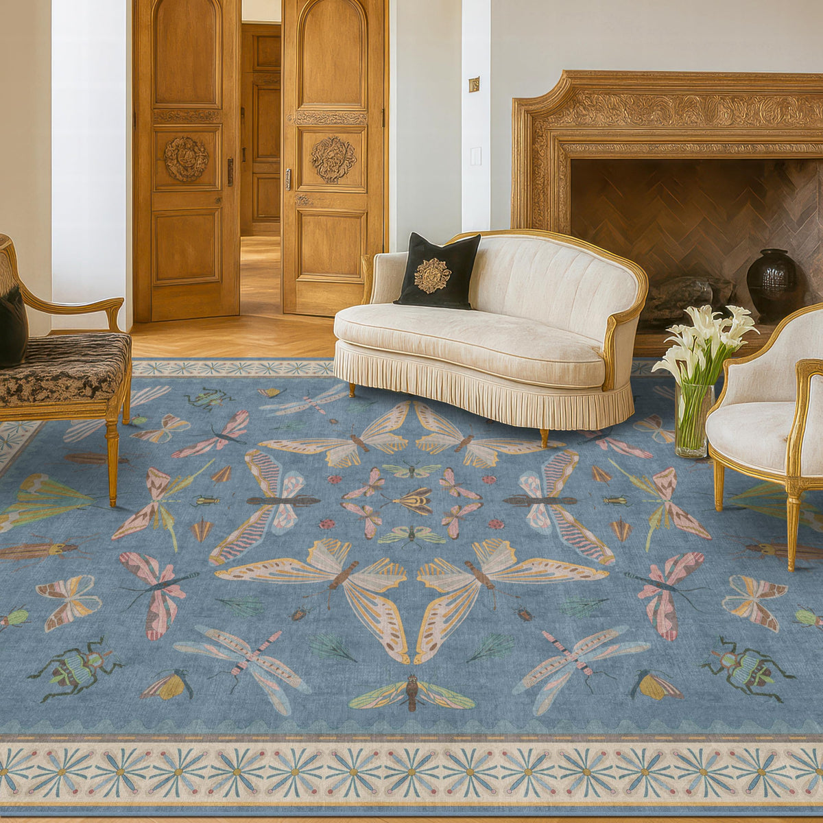 Hazo Haus Dark Green Insect Area Rugs 8x10 for Living Room, Dining Room Under Table, Bedroom, Unique Washable Floral Non Slip Low Pile Soft Rug