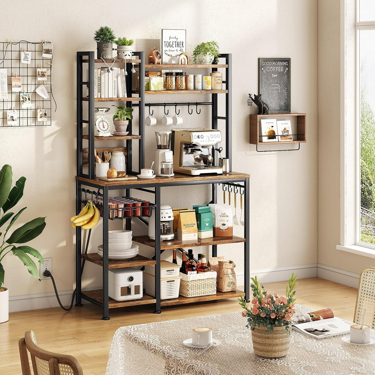 SNTD 6-Tier Bakers Rack with Power Outlets, 36 x 14.6 x 72 in, Rustic Brown