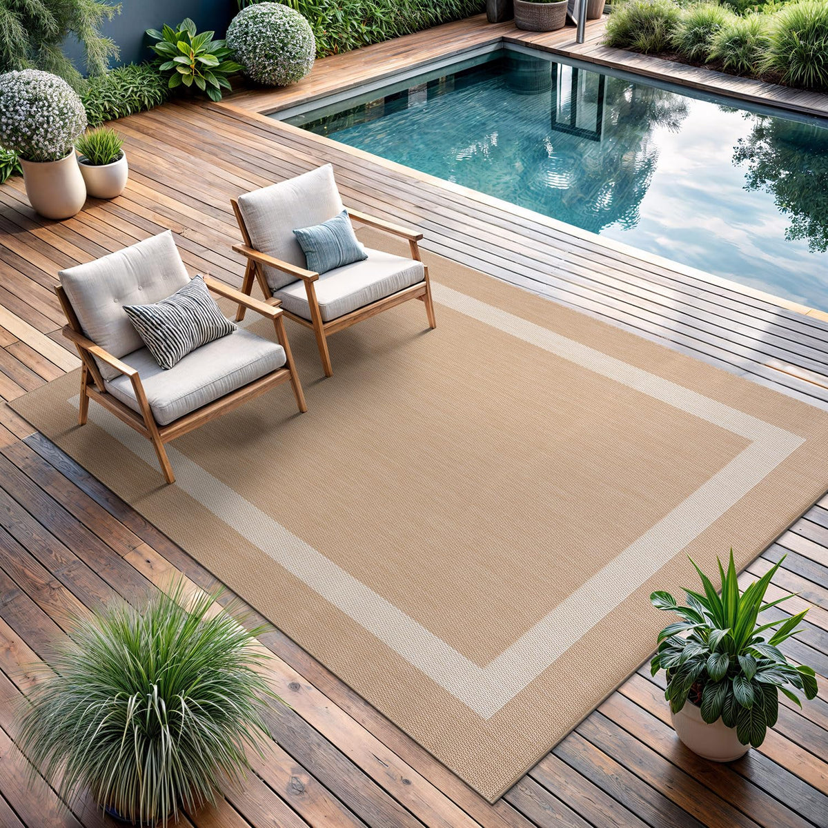 CAMILSON Outdoor Rug 6x9, Modern Outside Rugs for Patios Porches Waterproof Durable Washable Non-Shedding, Easy-to-Clean Indoor Outdoor Area Carpet (6 x 9, Bordered - Blue/White)