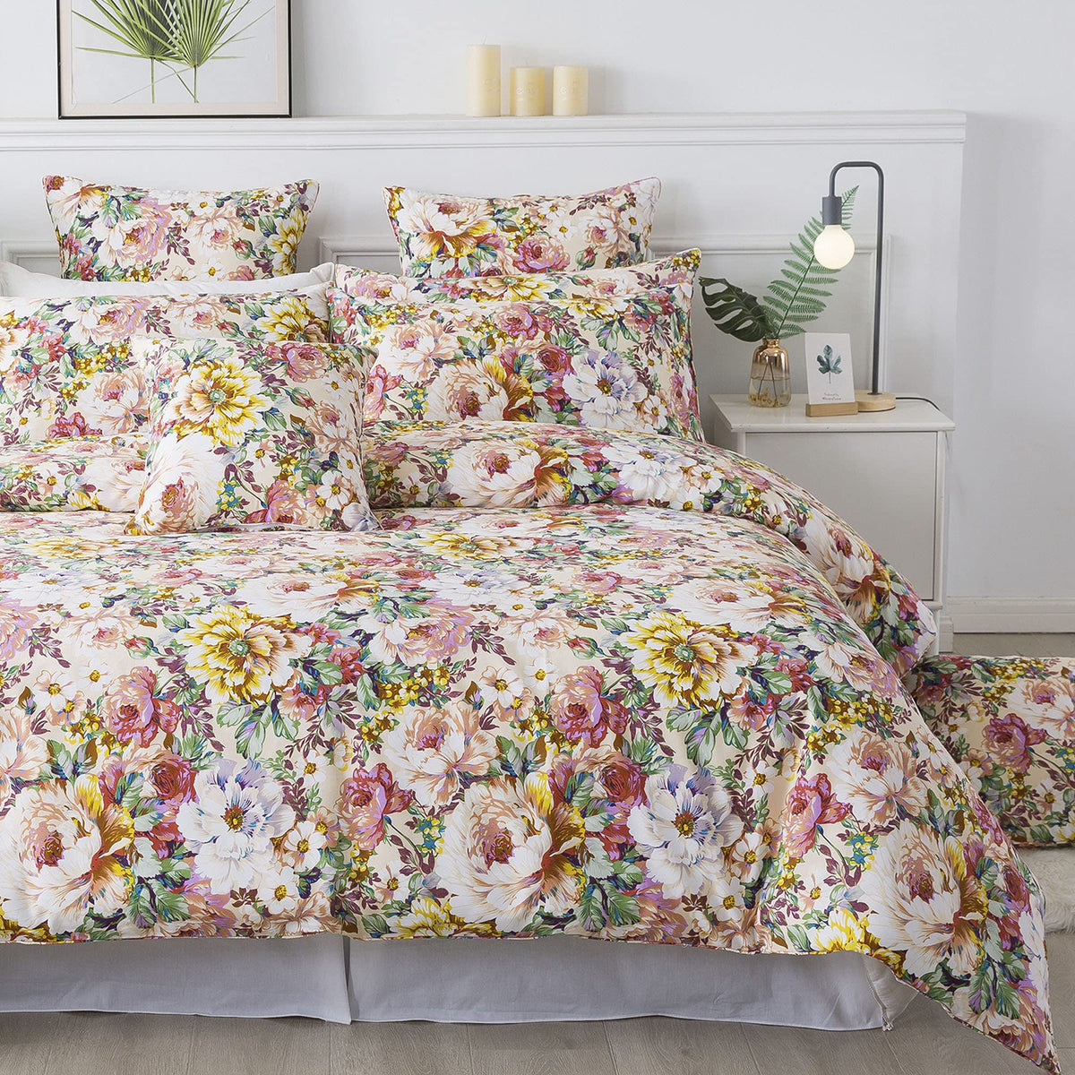 FADFAY Floral Duvet Cover Set 100% Cotton Green Striped and Beige Bedding White Flower Branches Print 600 TC Soft Reversible Zipper Bed Cover & 2 Pillowcases,King/Cal King(106x92)