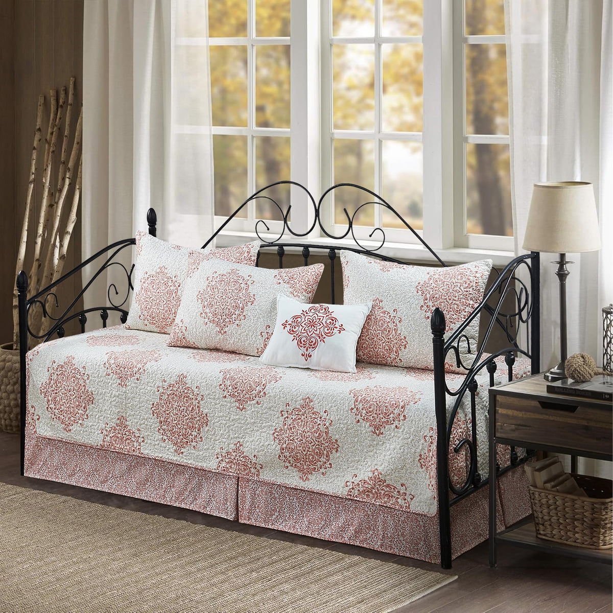 5-Piece Quilted Microfiber Daybed Cover Set with Floral Embroidery, All Season Luxurious Bedding with Matching Shams and Bed Skirt, 75"x39", Pink Flower