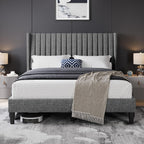 Yaheetech Queen Bed Frame with Headboard, Ivory Channel-Tufted Platform