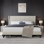 Yaheetech Queen Bed Frame with Headboard, Ivory Channel-Tufted Platform
