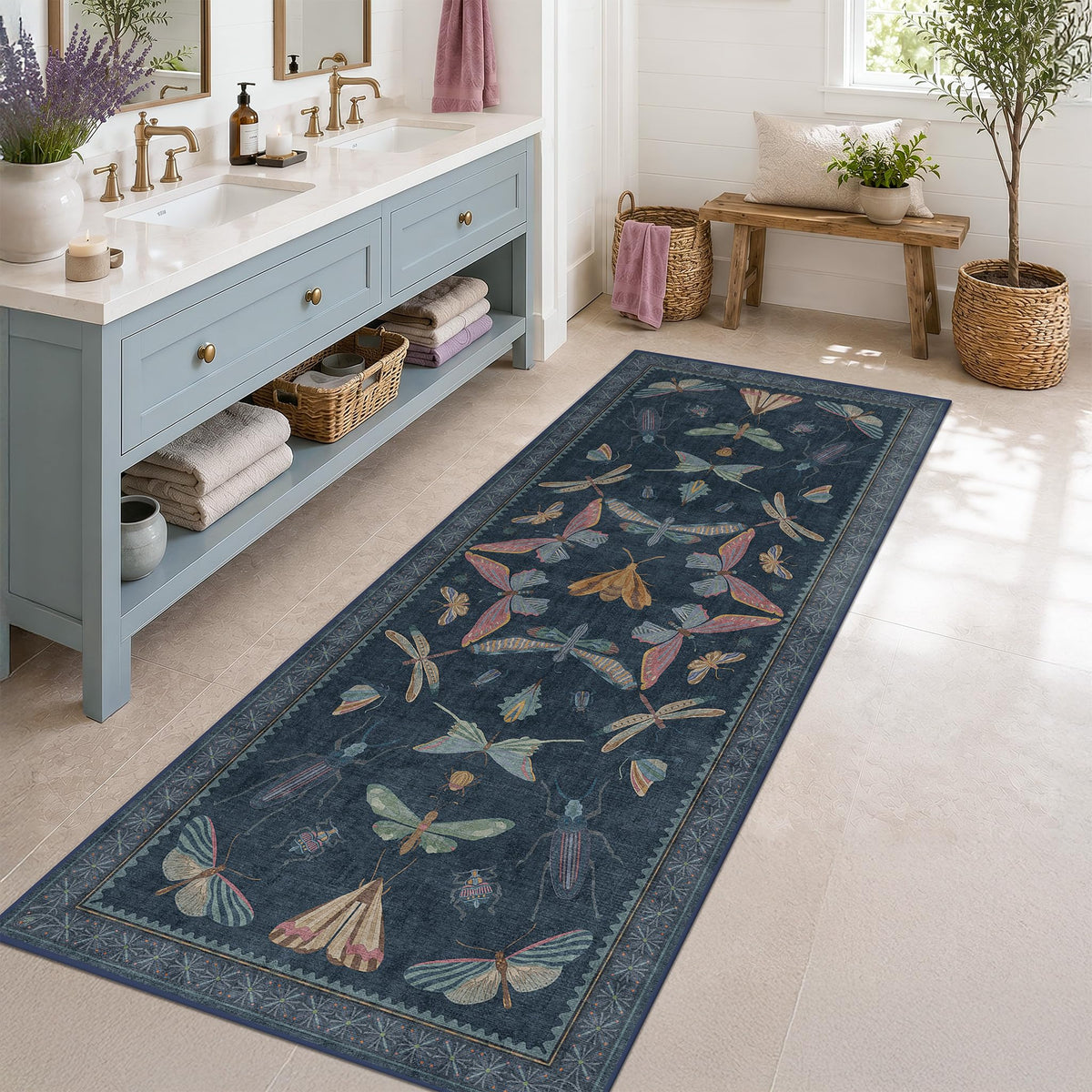 Hazo Haus Dark Green Insect Area Rugs 8x10 for Living Room, Dining Room Under Table, Bedroom, Unique Washable Floral Non Slip Low Pile Soft Rug